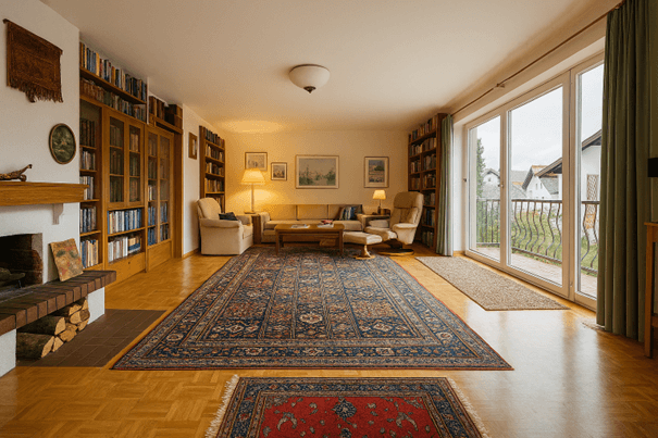 Gemütliches Wohnzimmer mit Parkettboden, Bücherregalen und Zugang zum Balkon.