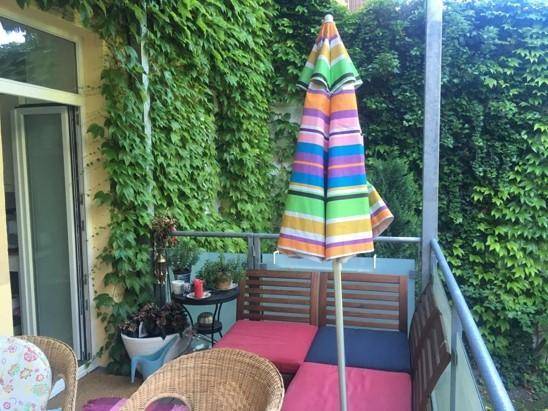 Möblierter Balkon mit bunten Polstern und üppigem Grünbewuchs an der Fassade.