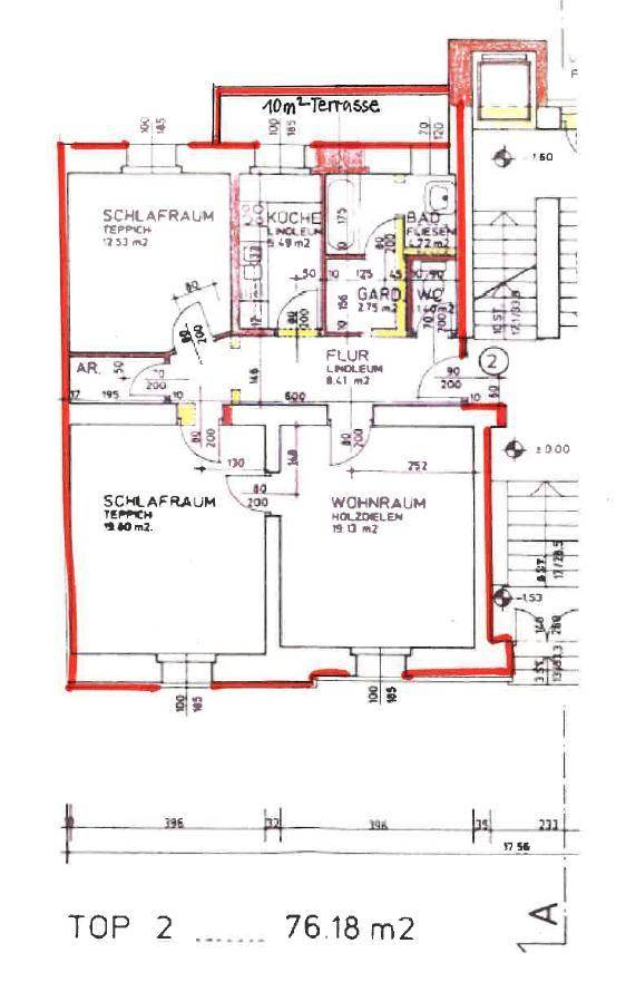 Grundriss der Wohnung Top 2 mit 76.18 m² Wohnfläche und einer 10 m² Terrasse.