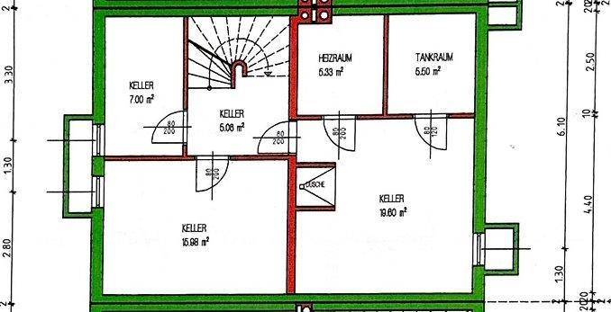 Grundriss des Kellers mit mehreren Abstellräumen und Heizraum.