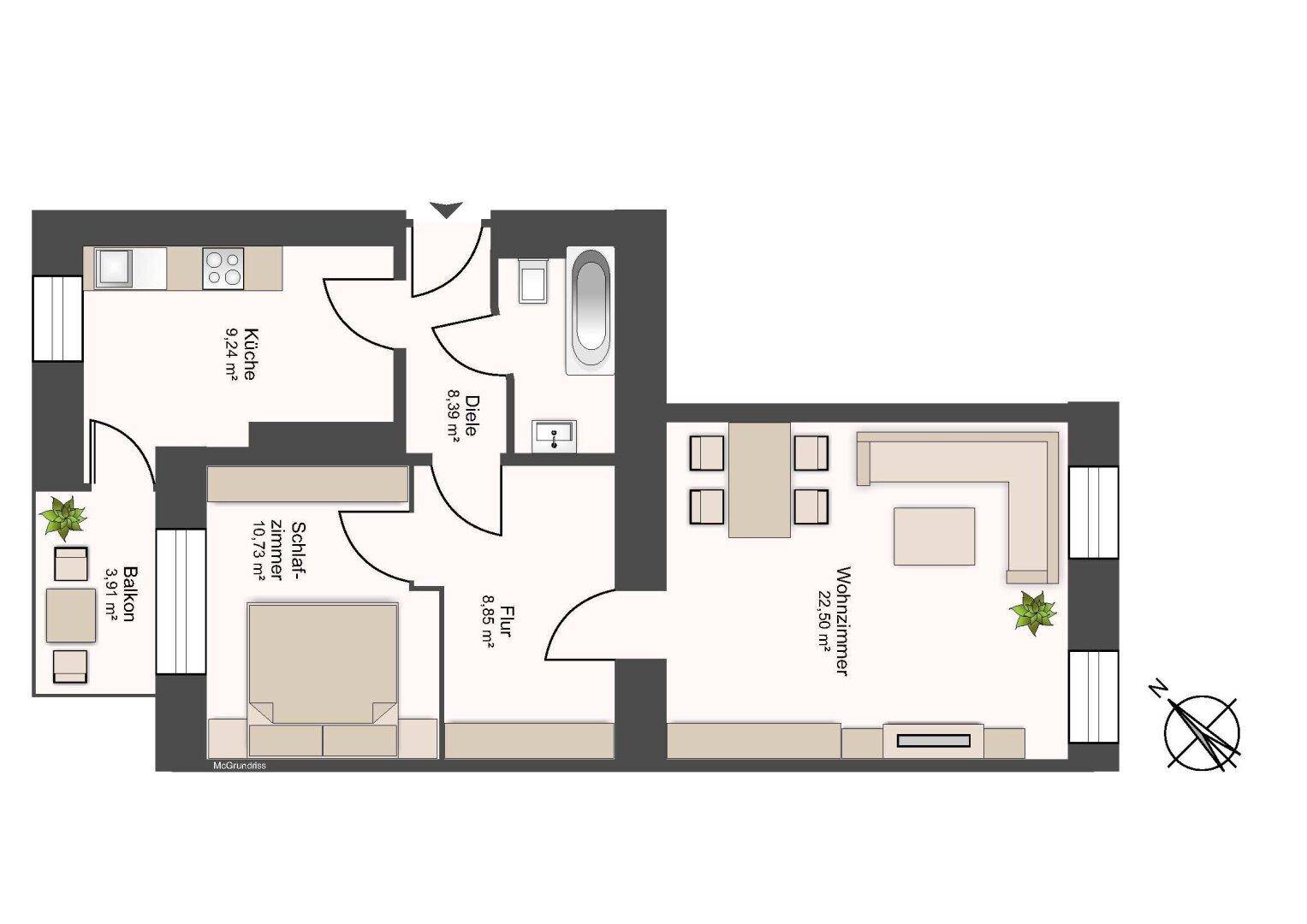 Grundriss einer Wohnung mit Küche, Schlafzimmer, Wohnzimmer und Balkon.