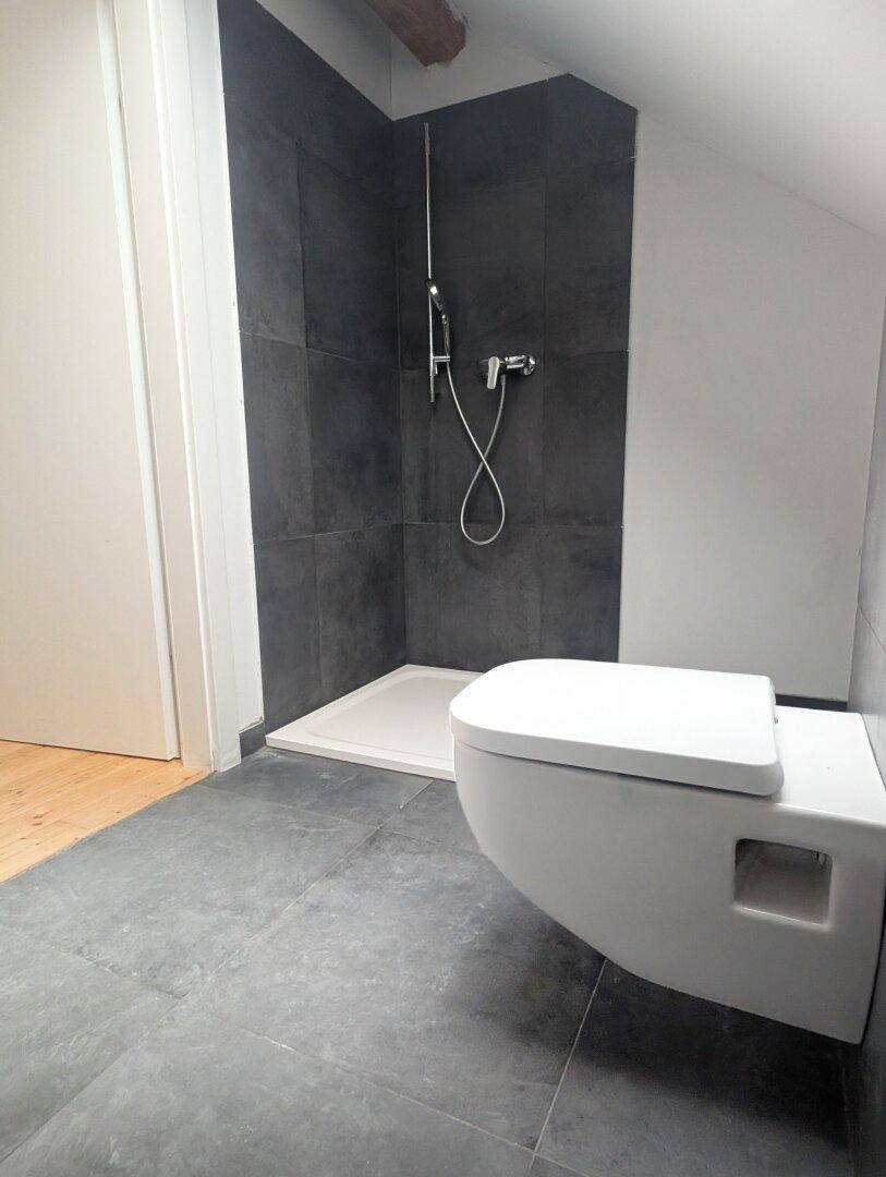 Modernes Badezimmer mit dunklen Fliesen, bodengleicher Dusche und wandhängendem WC.