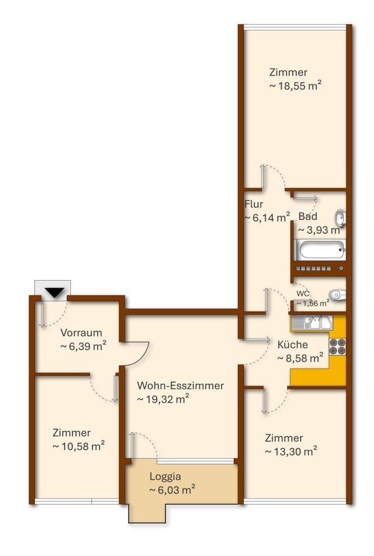 Grundriss einer Wohnung mit mehreren Zimmern, Loggia, Bad und separatem WC.