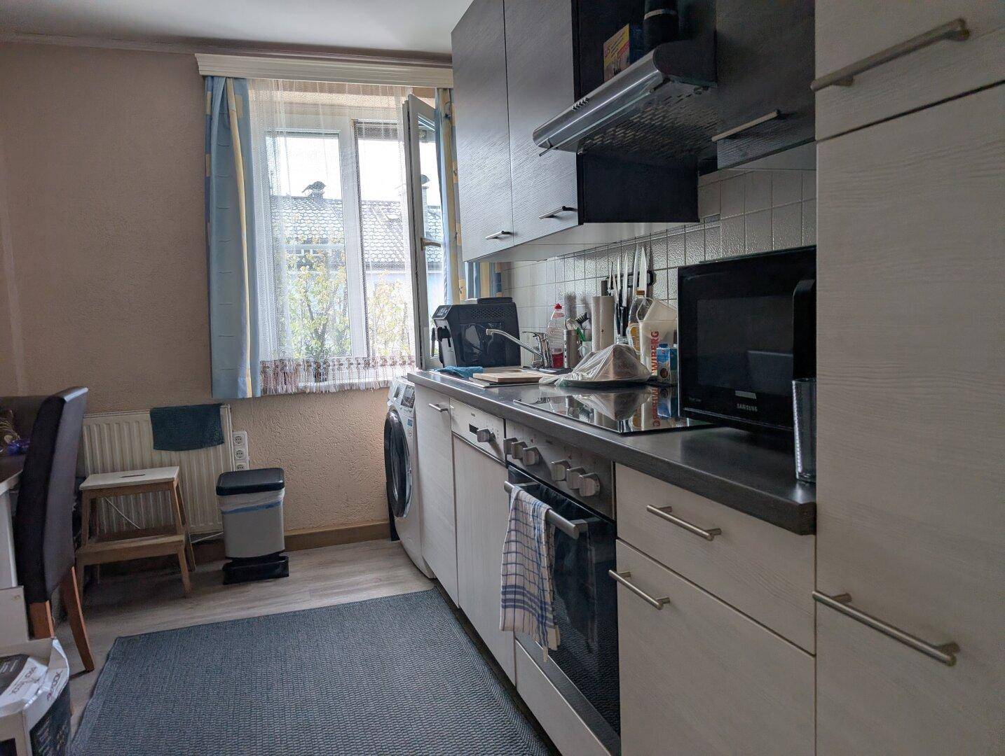 Kleine, funktionale Küche mit Einbaugeräten, Waschmaschine und Fenster mit Blick ins Grüne.