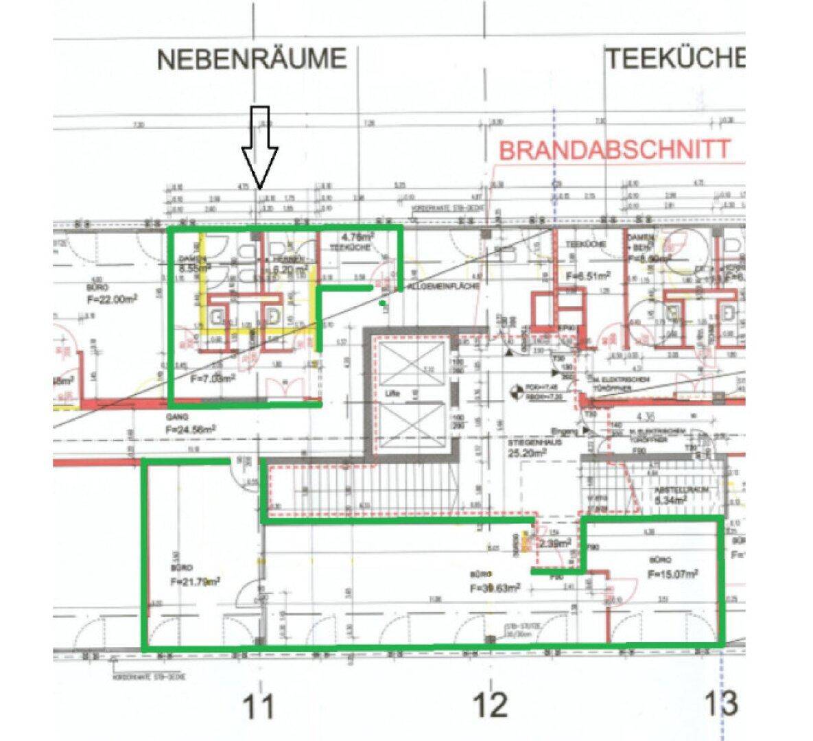 Detaillierter Grundriss mit verschiedenen Bürobereichen, Nebenräumen, Teeküche und Sanitäranlagen.