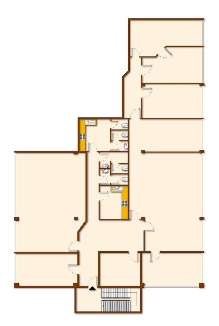 Grundriss mit mehreren Räumen, darunter Bäder, kleine Küchenbereiche und ein Treppenhaus.