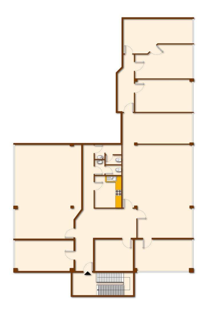 Grundriss einer Etage mit mehreren Büroräumen, Sanitäranlagen und einem Treppenhaus.