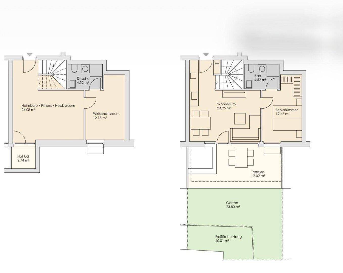 Detaillierter Grundriss mit Wohnraum, Schlafzimmer, Bad, Terrasse und Gartenbereich.