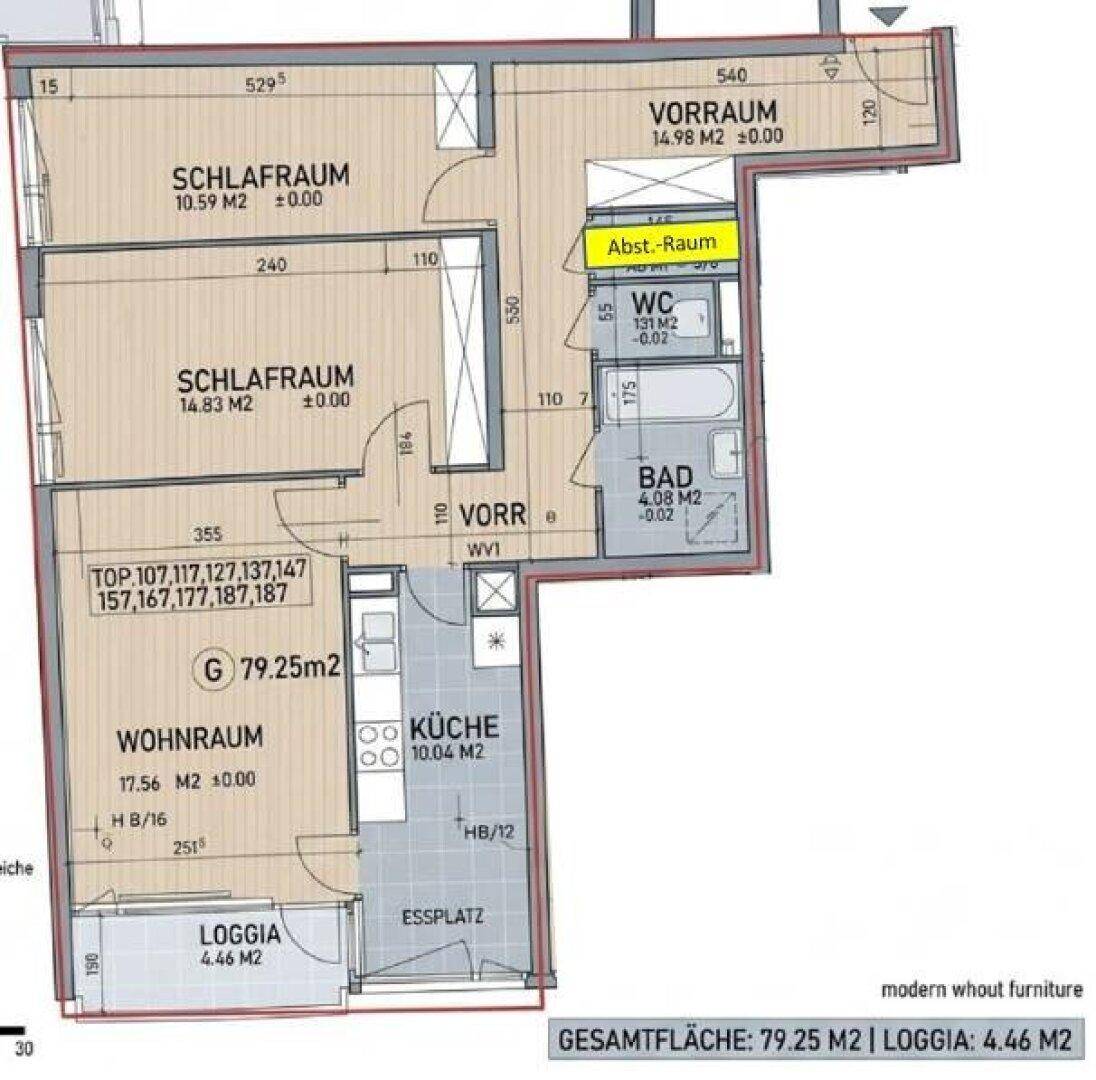 Grundriss einer Wohnung mit zwei Schlafzimmern, offenem Wohnbereich und Loggia.