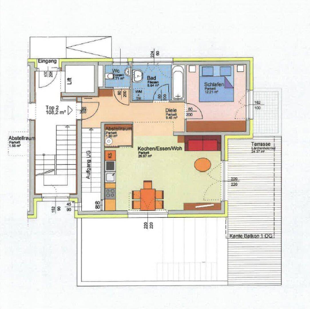 Grundriss des Erdgeschosses mit offenem Wohnbereich, Schlafzimmer und Terrasse.