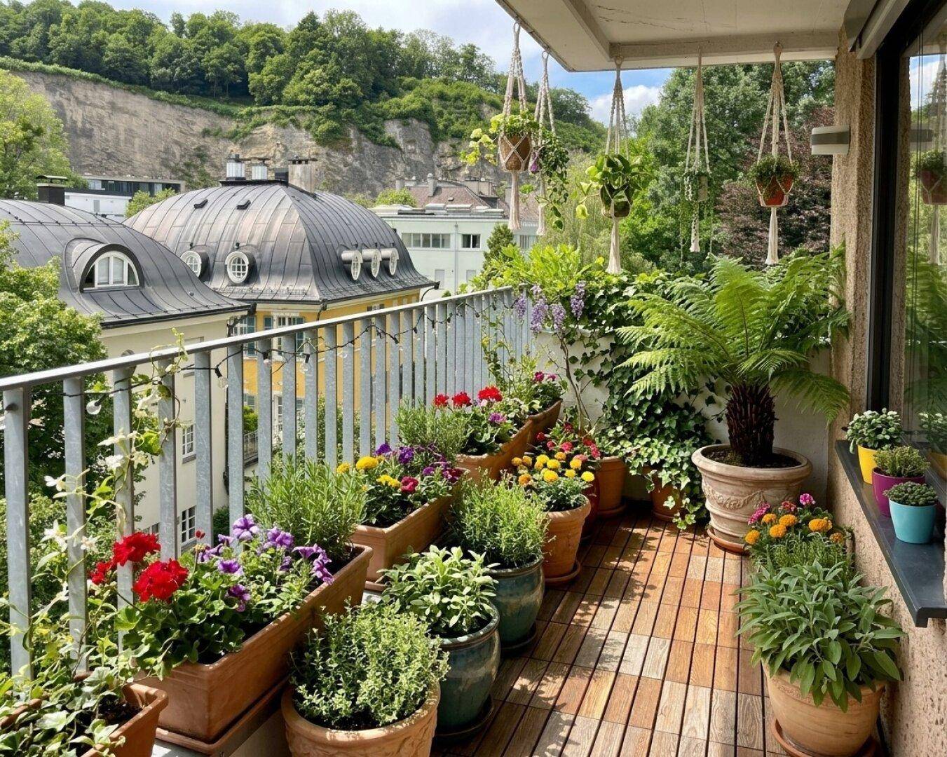 Blumenreicher Balkon mit Holzboden, Hängepflanzen und weitem Blick auf die Landschaft.