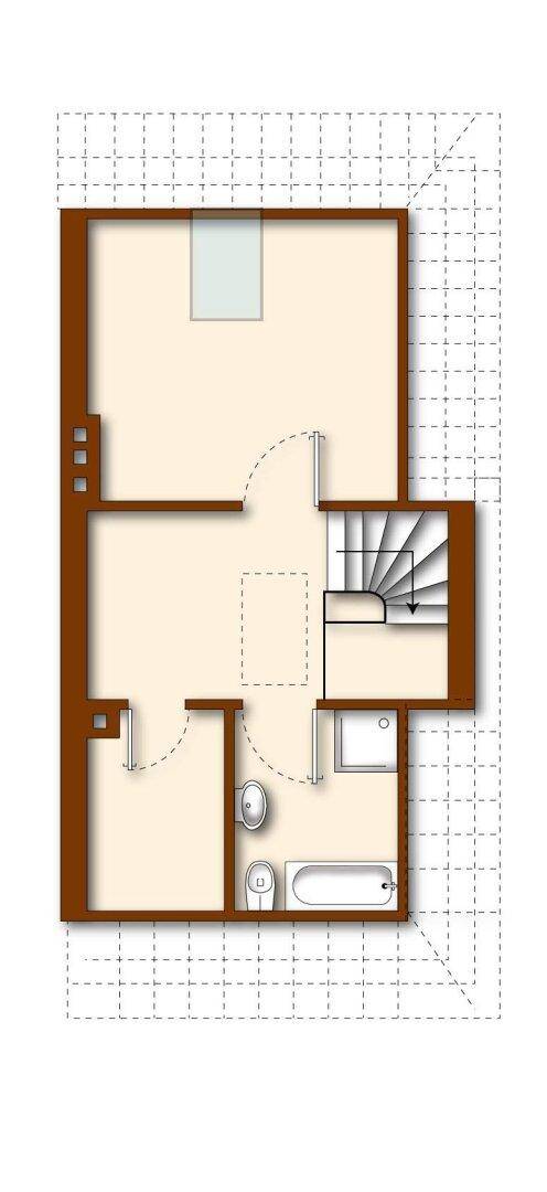 Grundriss des Dachgeschosses mit Schlafzimmer, Bad und Dachschrägen.