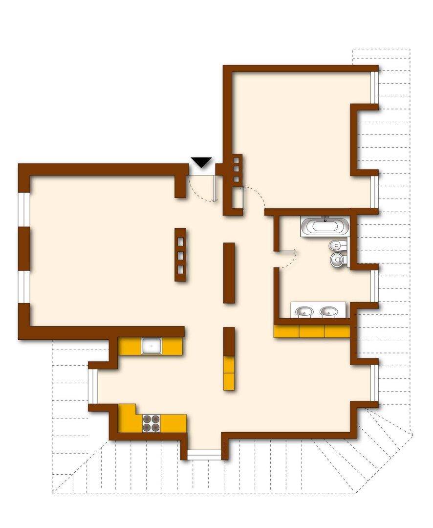 Grundriss einer Wohnung mit offener Küche, Wohnbereich und Badezimmer mit Badewanne und Dusche.