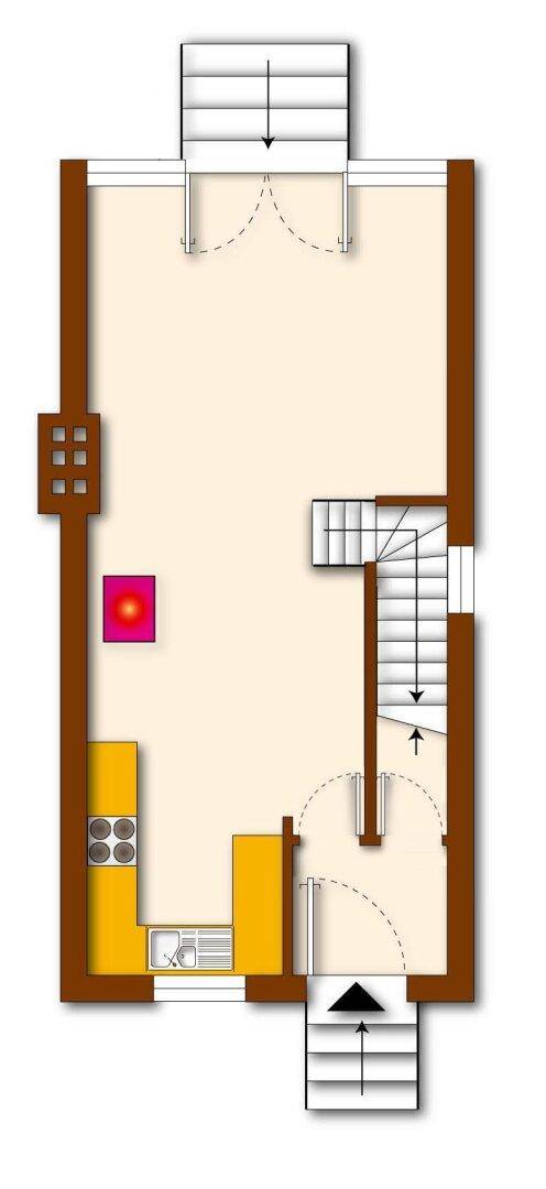 Grundriss des Erdgeschosses mit Eingangsbereich, Treppe und offener Küche.