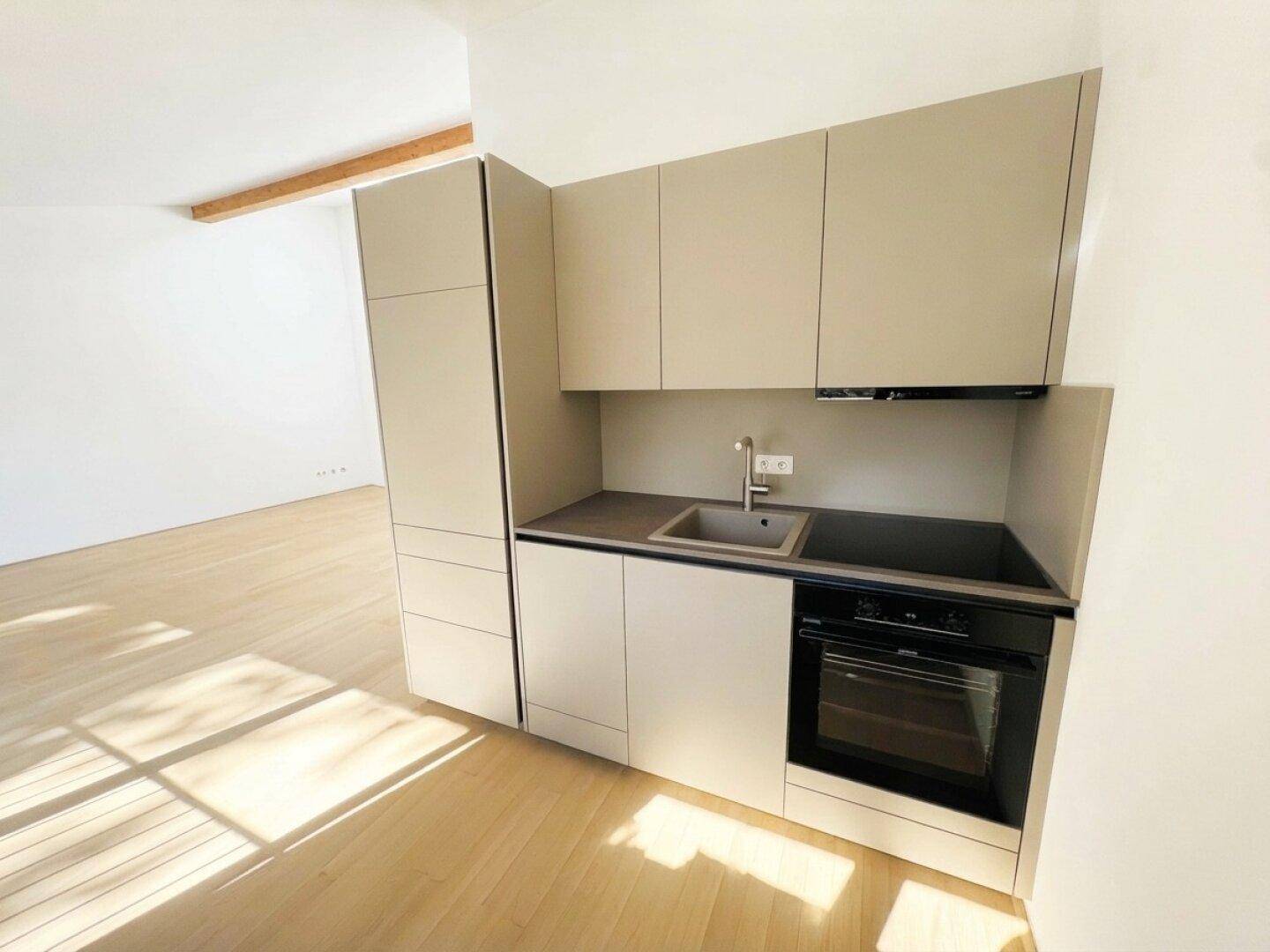 Moderne Küchenzeile mit hellgrauen Schränken, Induktionskochfeld und integriertem Backofen in einem hellen Raum.