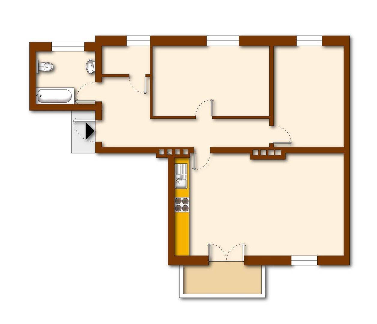 Grundriss der Wohnung mit drei Zimmern, separater Küche und Balkon.