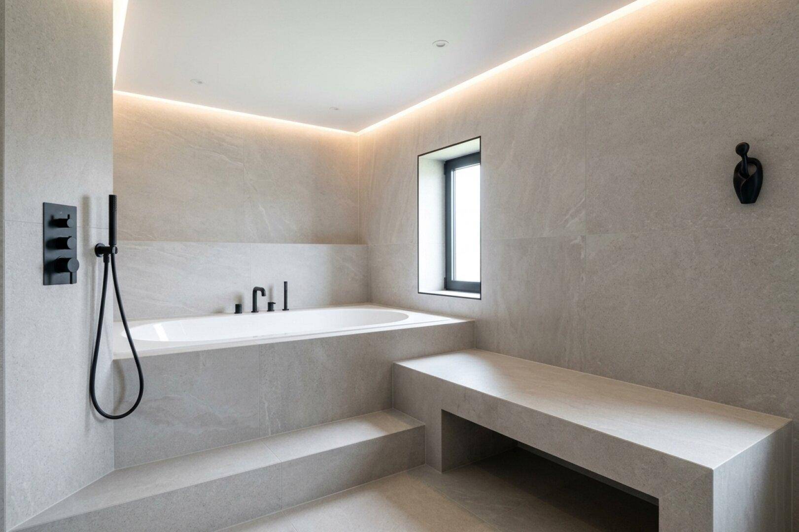 Modernes Badezimmer mit integrierter Badewanne, minimalistischem Design und indirekter Beleuchtung für eine entspannende Atmosphäre.