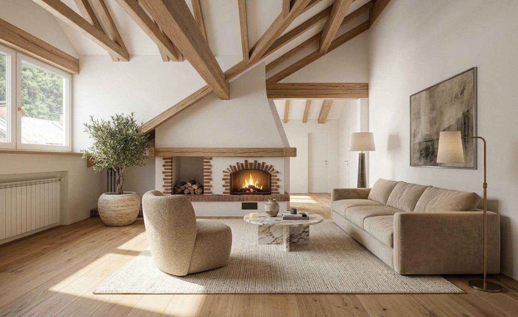 Gemütliches Wohnzimmer mit Holzbalken, Kamin und hellem Parkettboden, ideal für entspannte Abende.