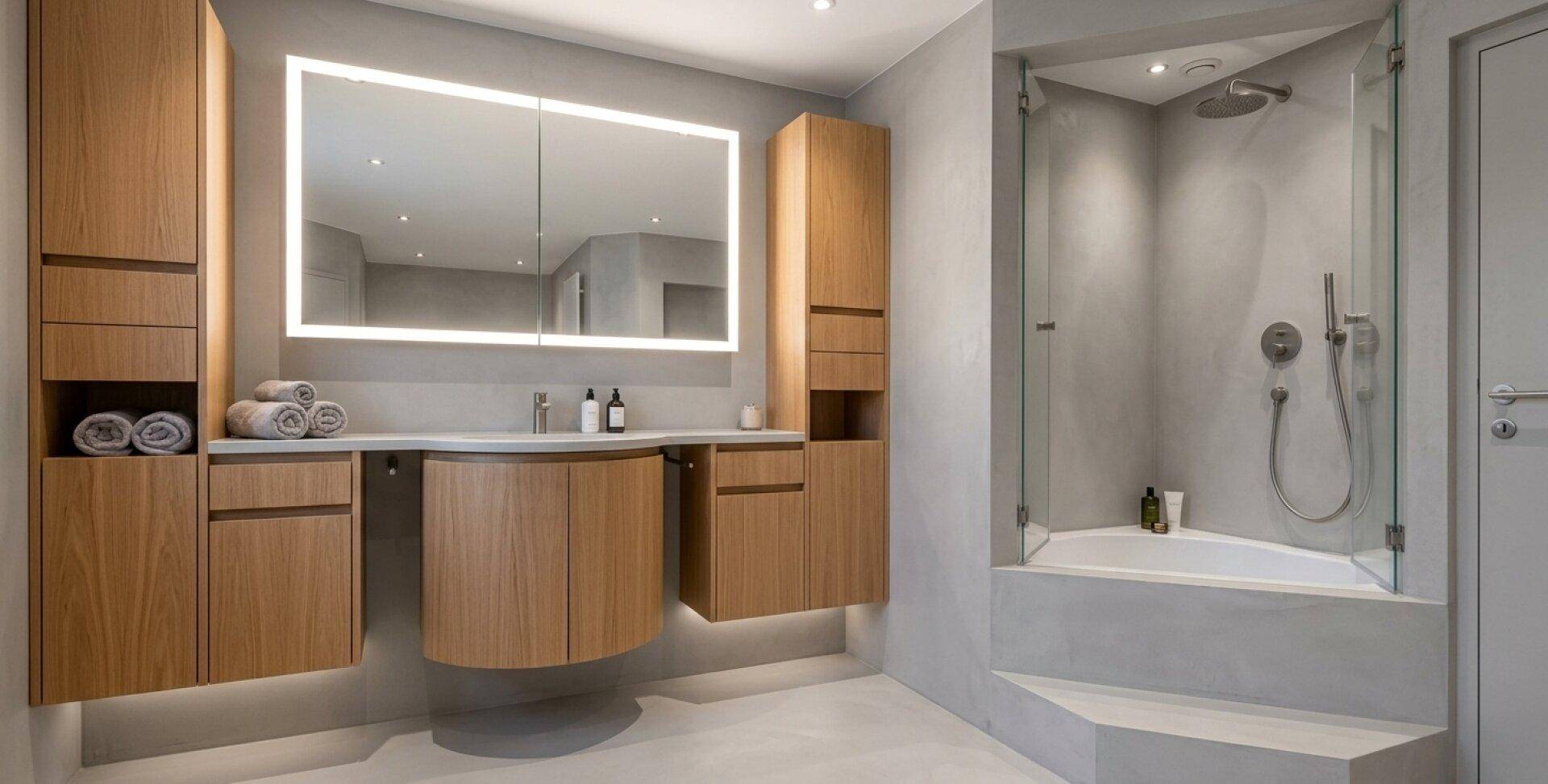 Elegantes Badezimmer mit Doppelwaschbecken, großem Spiegelschrank und moderner Duschkabine, hell und geräumig.
