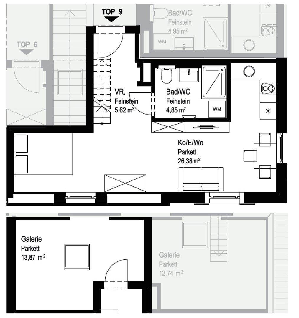 Grundriss einer Maisonette-Wohnung mit offenem Wohnbereich, Bad und Galerie.