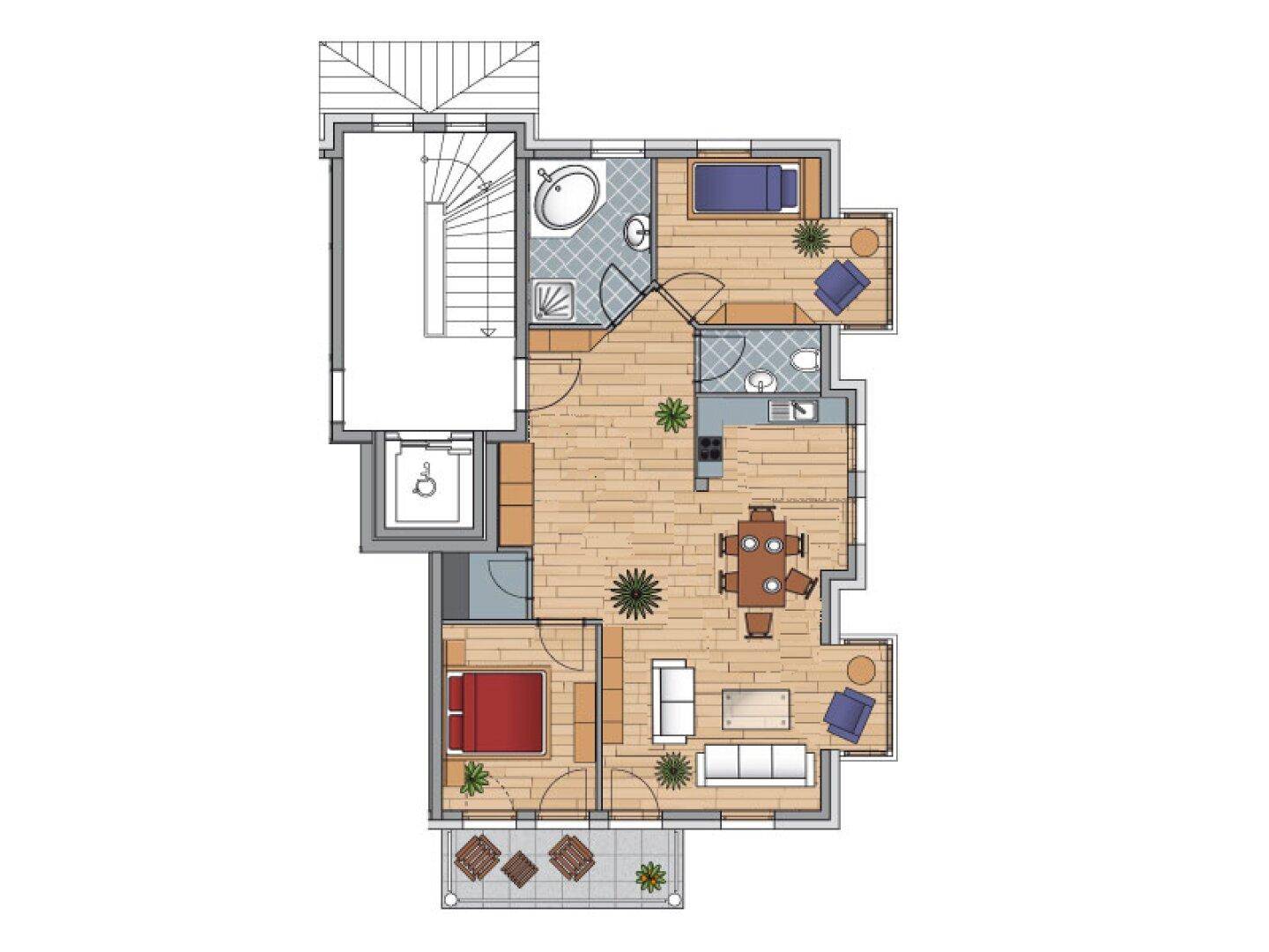 Detaillierter Grundriss einer Wohnung mit mehreren Zimmern, Balkonen und Treppenhaus.