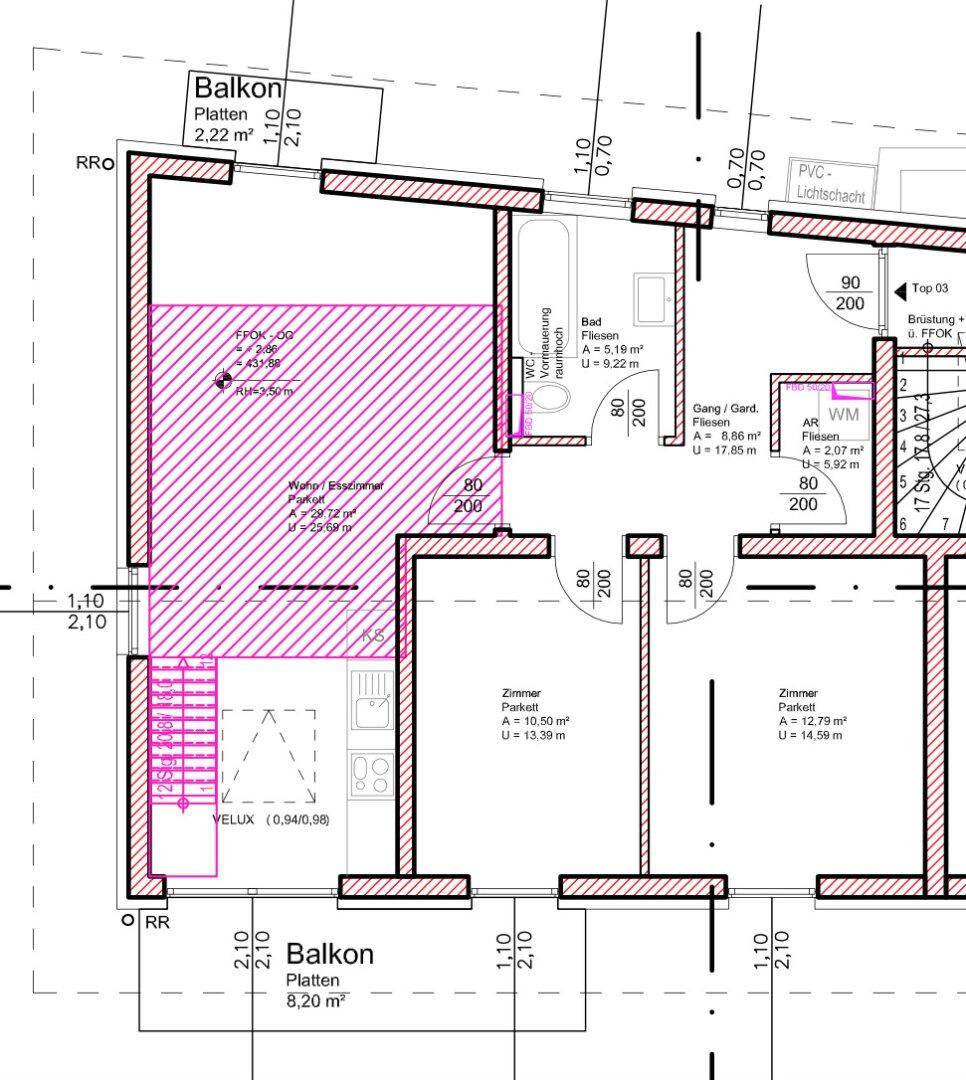 Grundrissplan einer Wohnung mit Balkon und mehreren Zimmern, inklusive Flächenangaben.