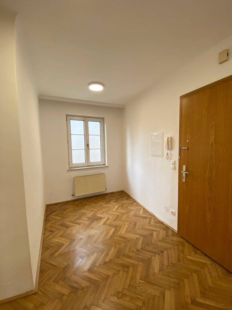 Heller Eingangsbereich mit Parkettboden, weiß gestrichenen Wänden und einer Holztür.