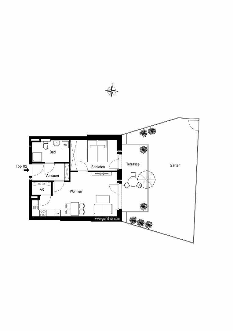 Grundriss der Wohnung mit Schlafzimmer, Bad, Wohnbereich, Terrasse und Garten.