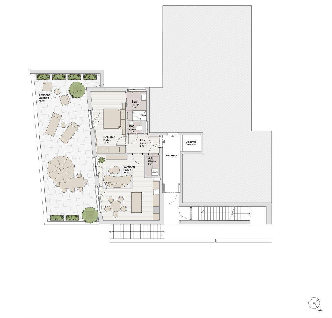 Grundriss mit offenem Wohnbereich, Schlafzimmer, Bad, WC und einer großen Außenterrasse.