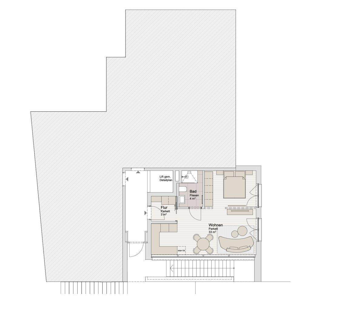 Grundriss einer Wohnung mit Schlafzimmer, Bad und offenem Wohnbereich.