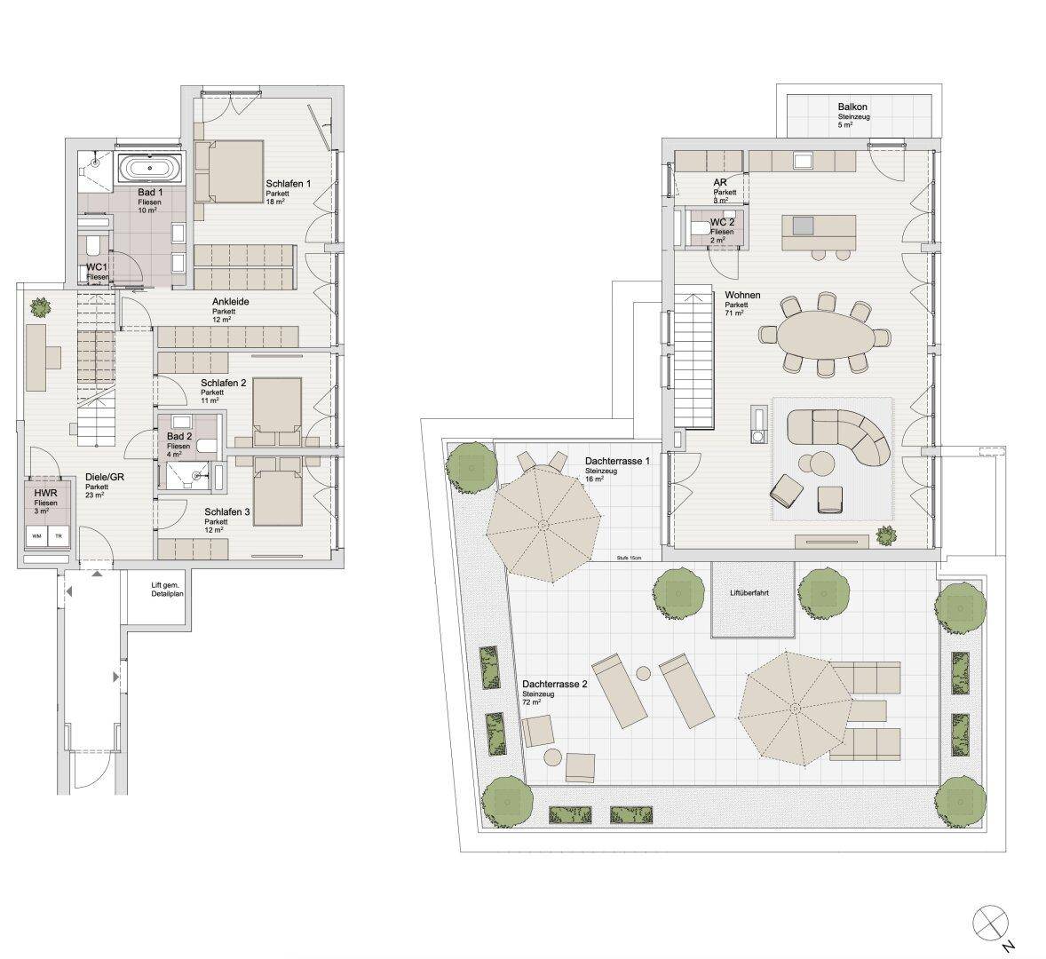 Grundriss zeigt zwei Ebenen mit Schlafzimmern, Bädern, Wohnbereich und großer Dachterrasse.