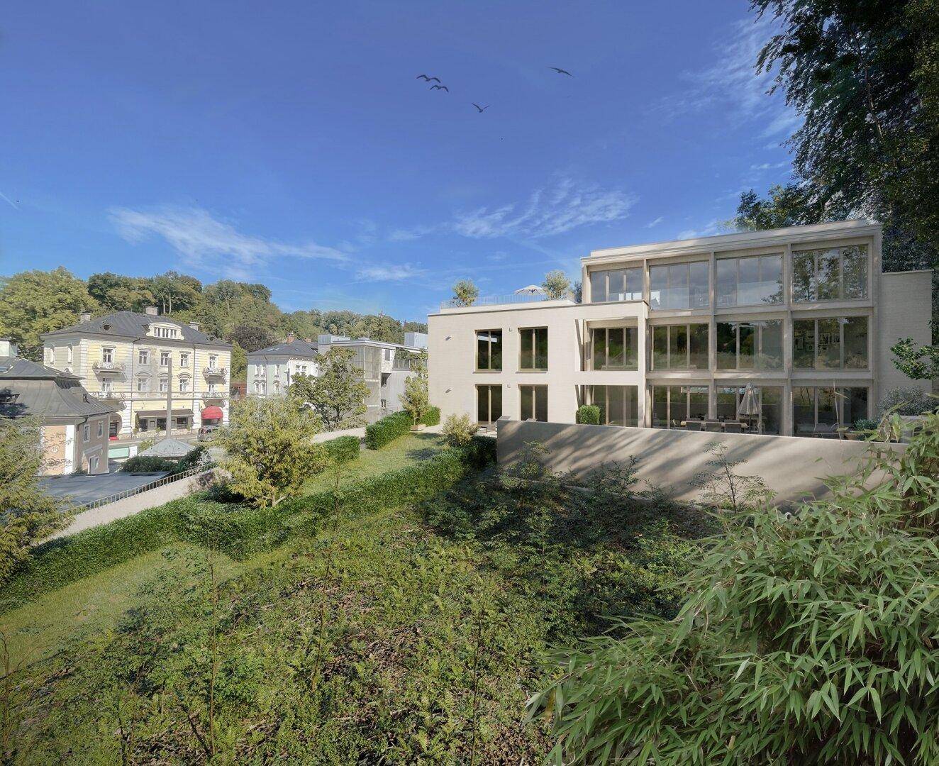 Moderne Architektur mit großen Glasflächen, eingebettet in eine grüne Umgebung mit Blick auf die Nachbarschaft.