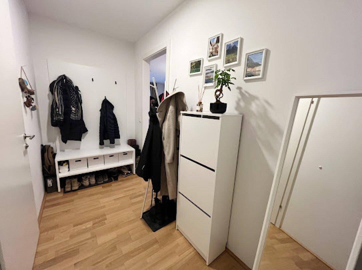 Heller Eingangsbereich mit Garderobe, Schuhschrank und Holzfußboden.