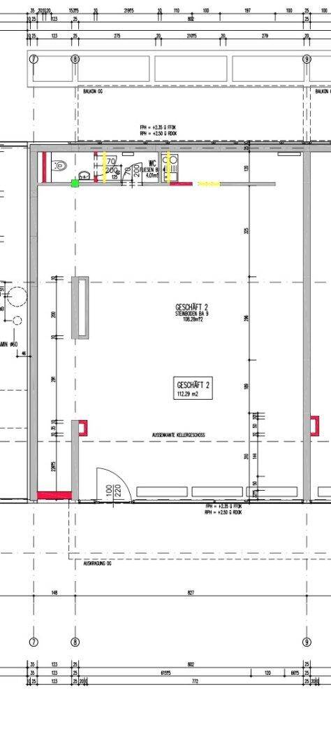 Grundrissplan eines Geschäftsraums mit Maßen und Sanitäranlagen.