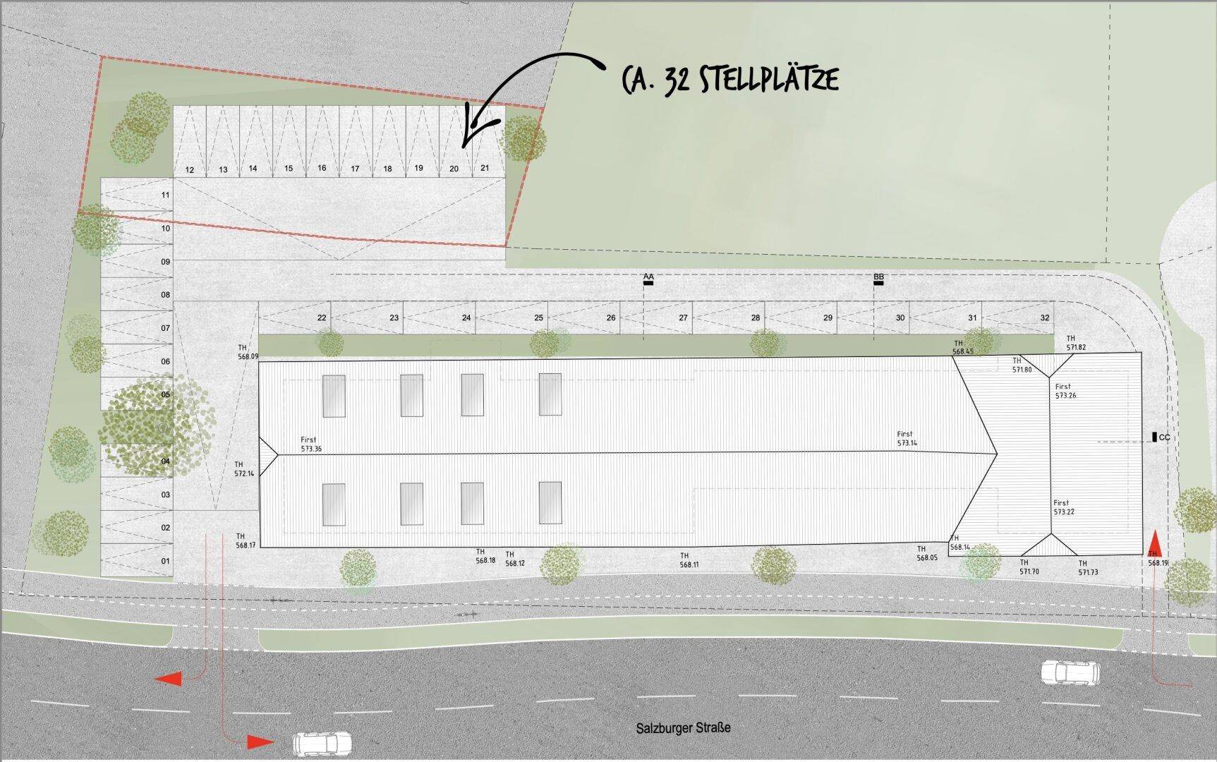 Übersichtsplan des Grundstücks mit Gebäude, Parkplätzen und angrenzender Straße, detailliert dargestellt.
