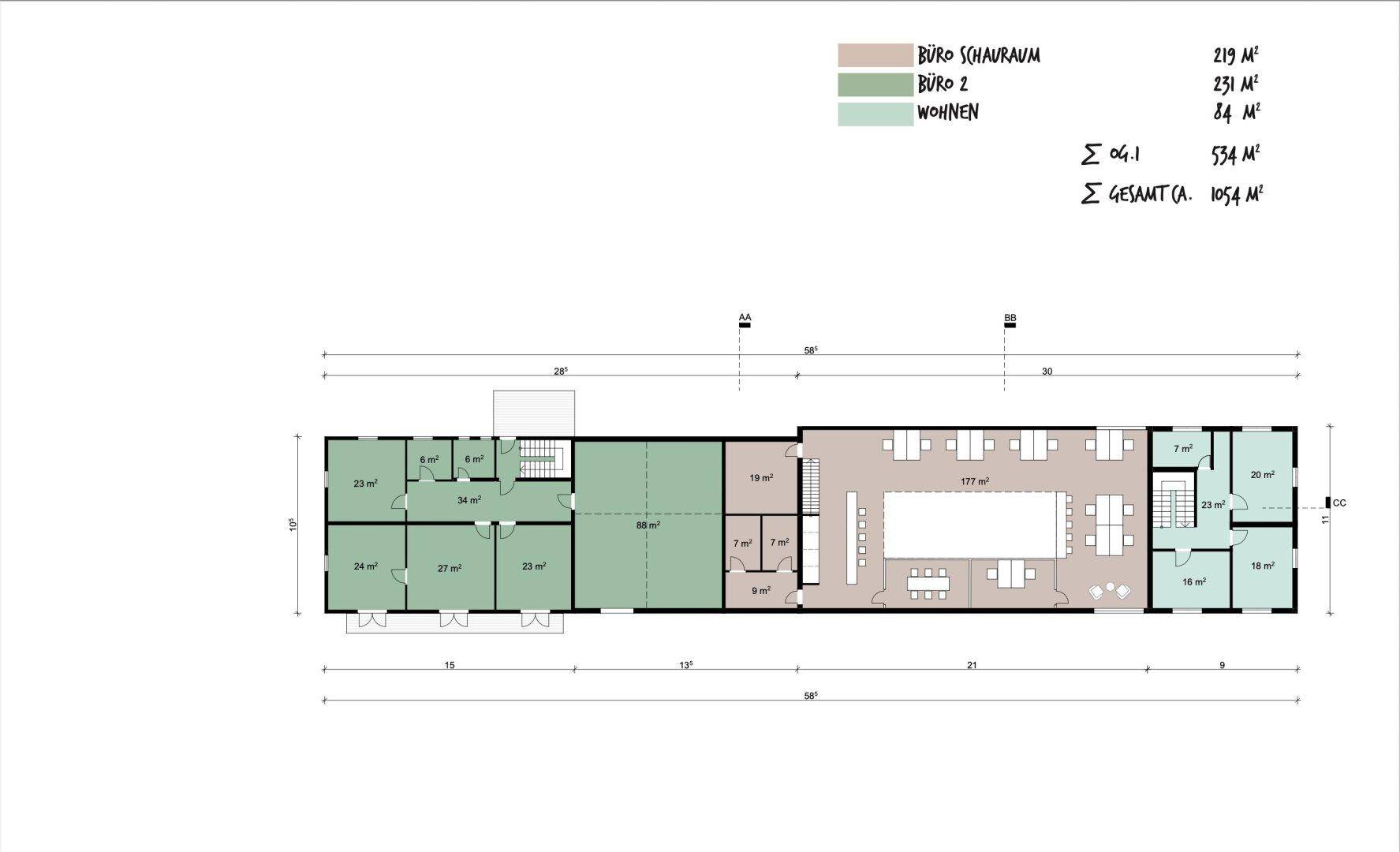 Grundriss des Obergeschosses mit Büroräumen und Wohnbereichen, detailliert und funktional gestaltet.