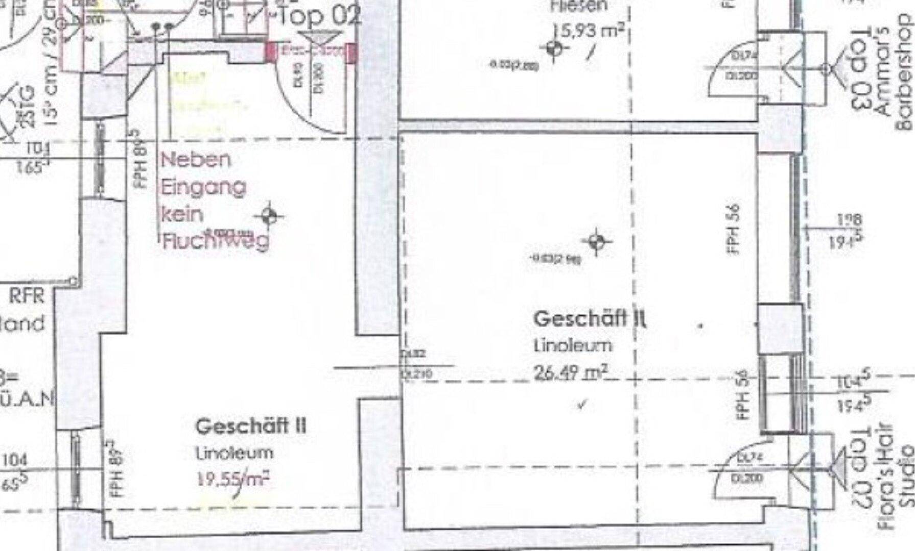 Grundrissplan zeigt die Aufteilung mehrerer Gewerbeflächen mit unterschiedlichen Bodenbelägen.