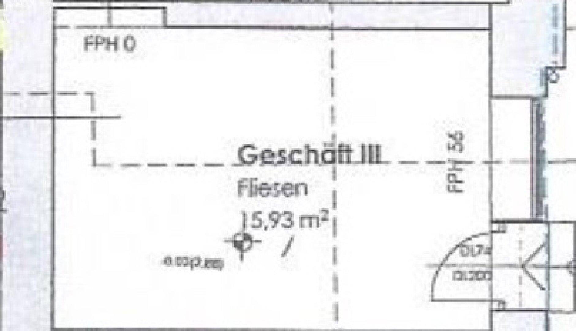 Grundriss eines kleinen Geschäftsraums mit Fliesenboden und einer Fläche von 15,93 Quadratmetern.