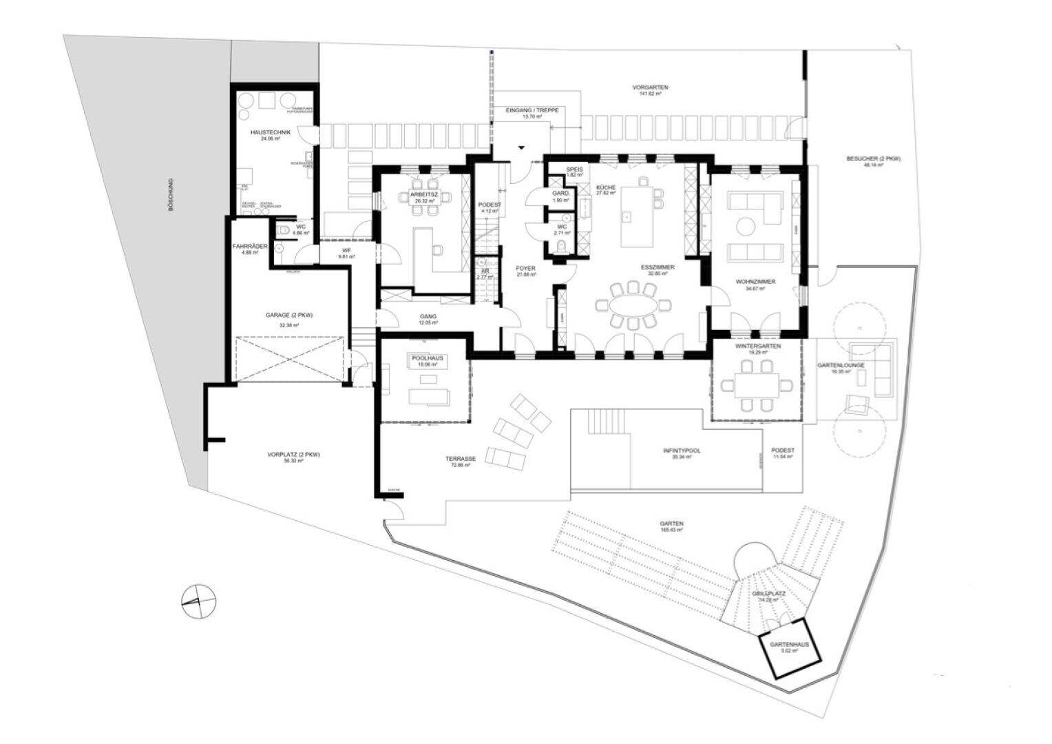 Grundriss des Erdgeschosses mit offenem Wohnbereich, Küche, Garage und Terrasse.