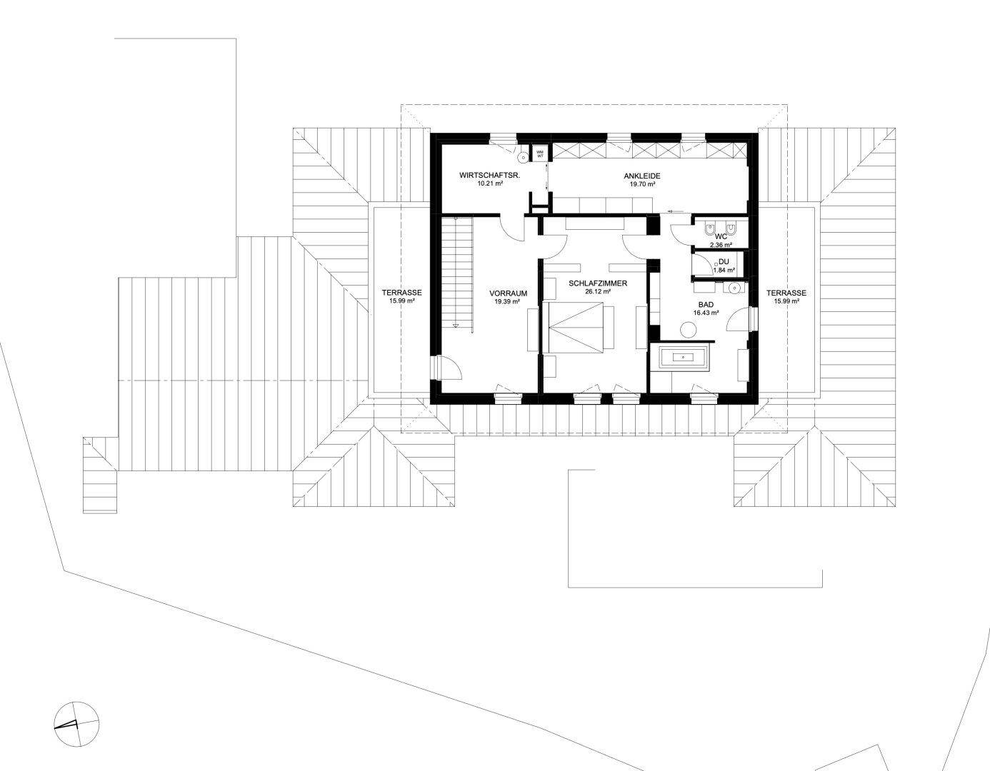 Grundriss des Obergeschosses mit Schlafzimmer, Bad und zwei Terrassen.