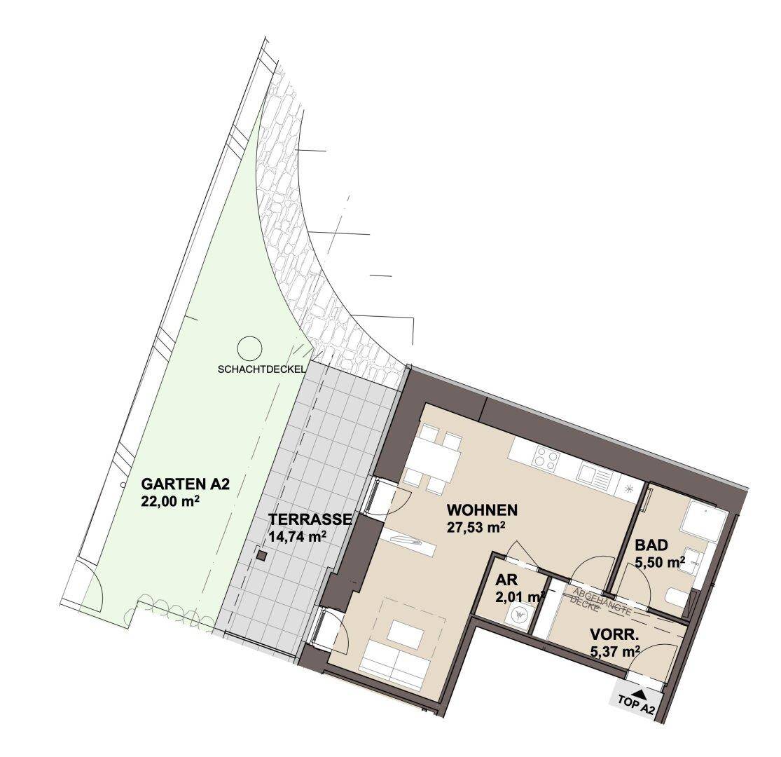 Grundriss der Wohnung A2 zeigt einen offenen Wohnbereich mit Terrasse und Garten.