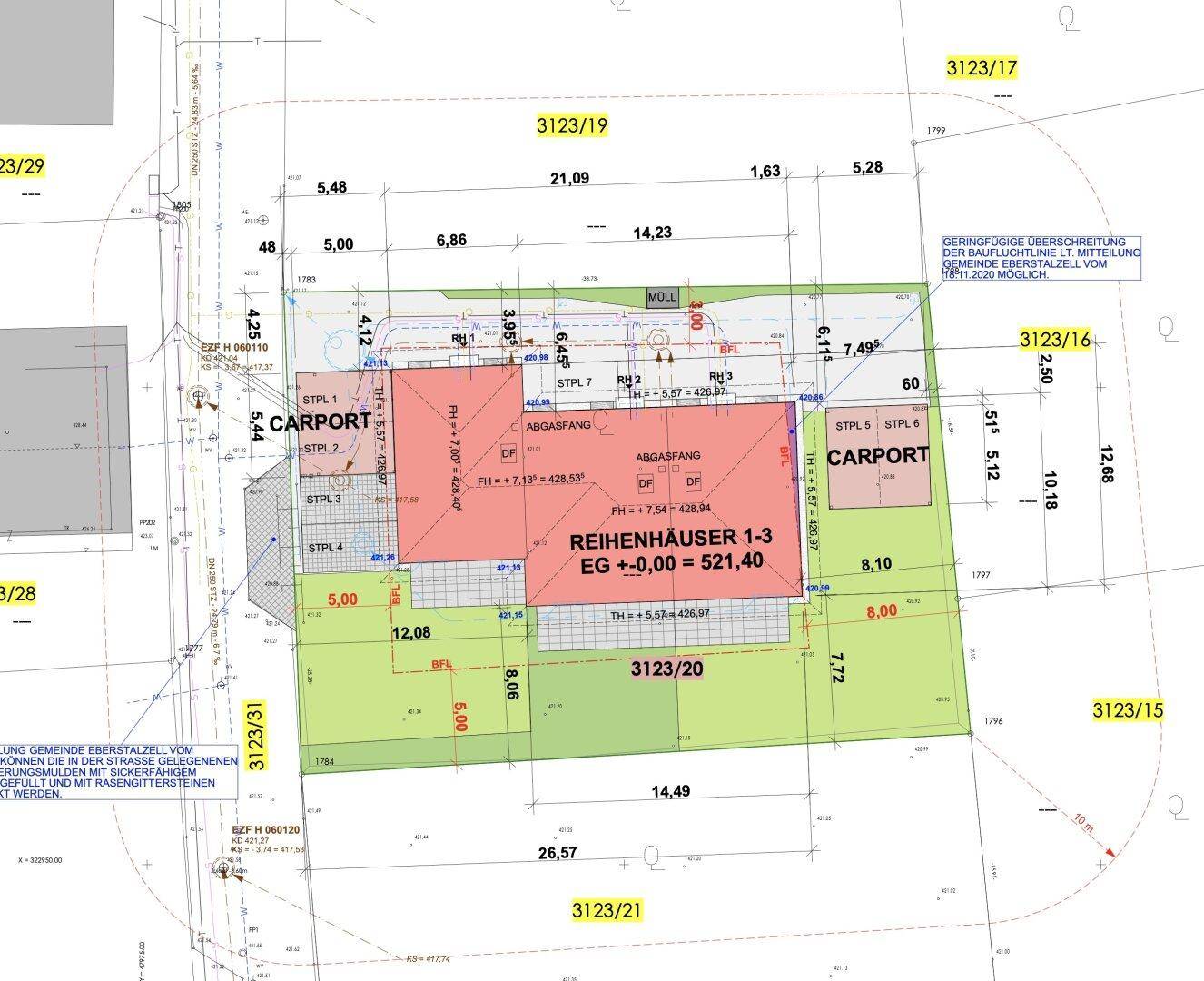 Detaillierter Lageplan für Reihenhäuser mit eingezeichneten Carports und Gartenbereichen.