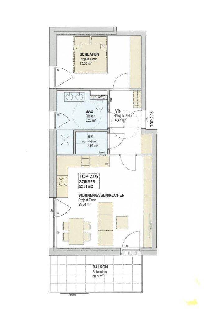 Grundriss der Wohnung mit Schlafzimmer, Bad, offenem Wohn-/Ess-/Kochbereich und Balkon.