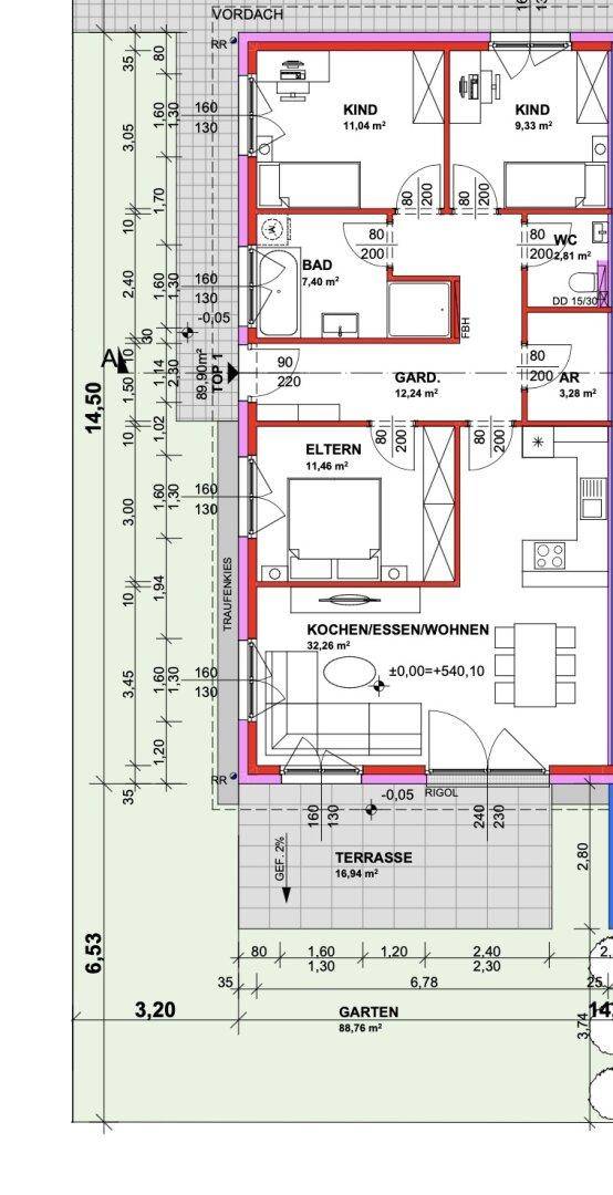 Grundrissplan einer Wohnung mit offenem Wohnbereich, zwei Kinderzimmern, Elternschlafzimmer und Zugang zu Terrasse und Garten.