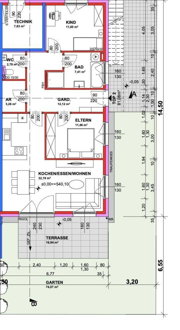 Grundriss einer Wohnung mit offenem Wohnbereich, Schlafzimmern, Bad, separatem WC, Terrasse und Garten.