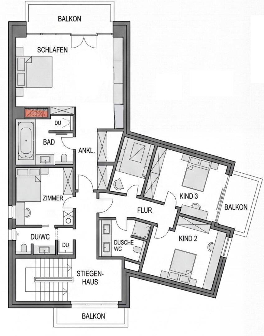 Grundriss des Obergeschosses mit Schlafzimmern, Bädern, Ankleide und Balkonen.