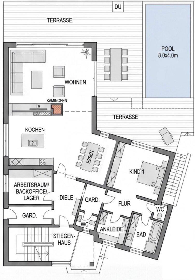 Grundriss des Erdgeschosses mit offenem Wohnbereich, Küche, Esszimmer und direktem Poolzugang.