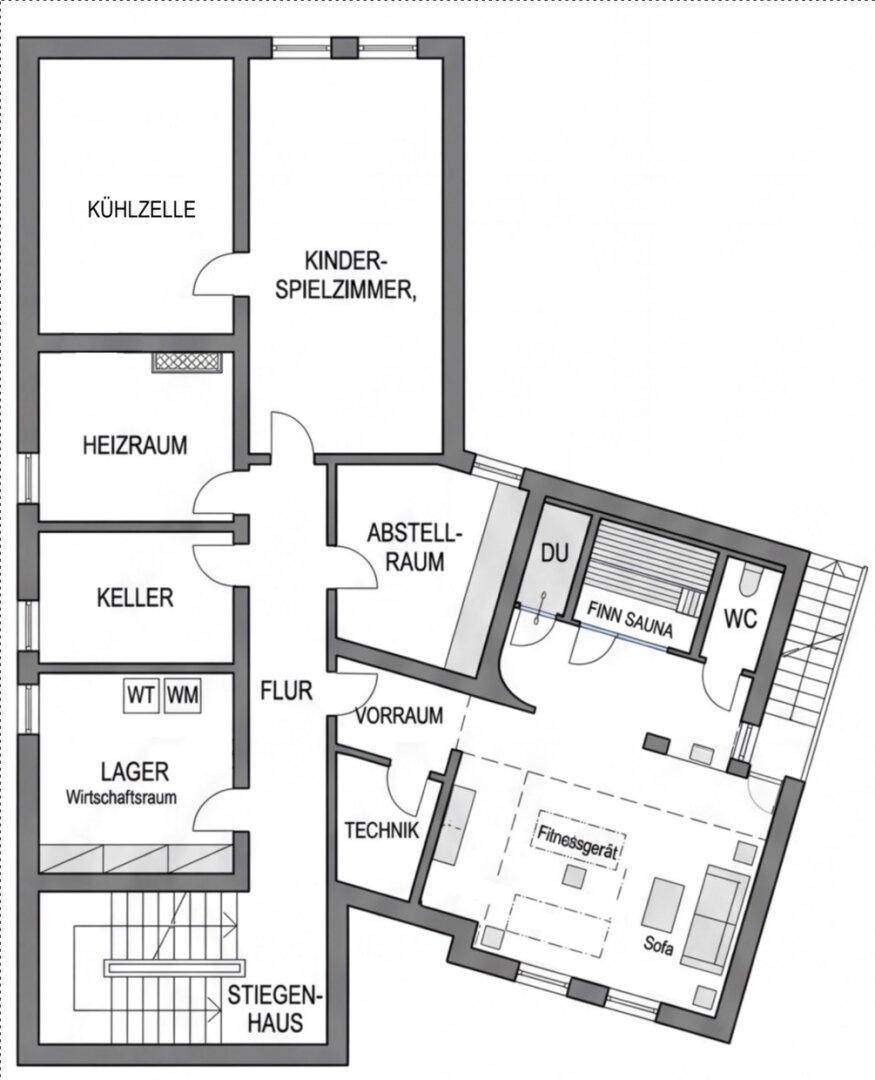 Grundriss des Untergeschosses mit Keller, Technikräumen, Sauna und Fitnessbereich.