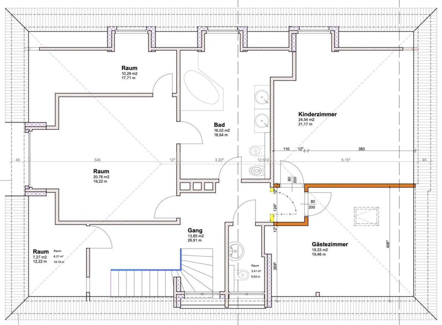 Grundriss des Dachgeschosses mit Bad, Kinderzimmer, Gästezimmer und Dachschrägen.