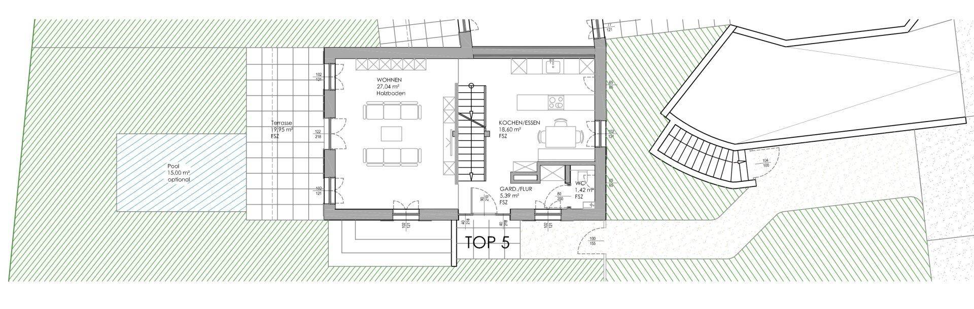 Lageplan mit Erdgeschoss-Grundriss, Gartenbereich, Terrasse und optionalem Pool.